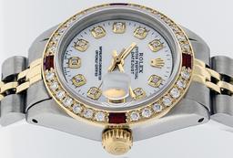 Rolex Ladies 2 Tone SS/YG MOP Diamond & Ruby Oyster Perpetual Datejust Wristwatc