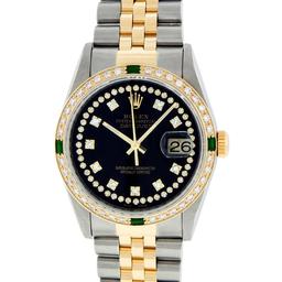 Rolex Mens 2 Tone Black String Diamond & Emerald 36MM Oyster Perpetual Datejust