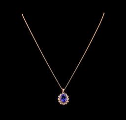3.80 ctw Tanzanite and Diamond Pendant With Chain - 14KT Rose Gold