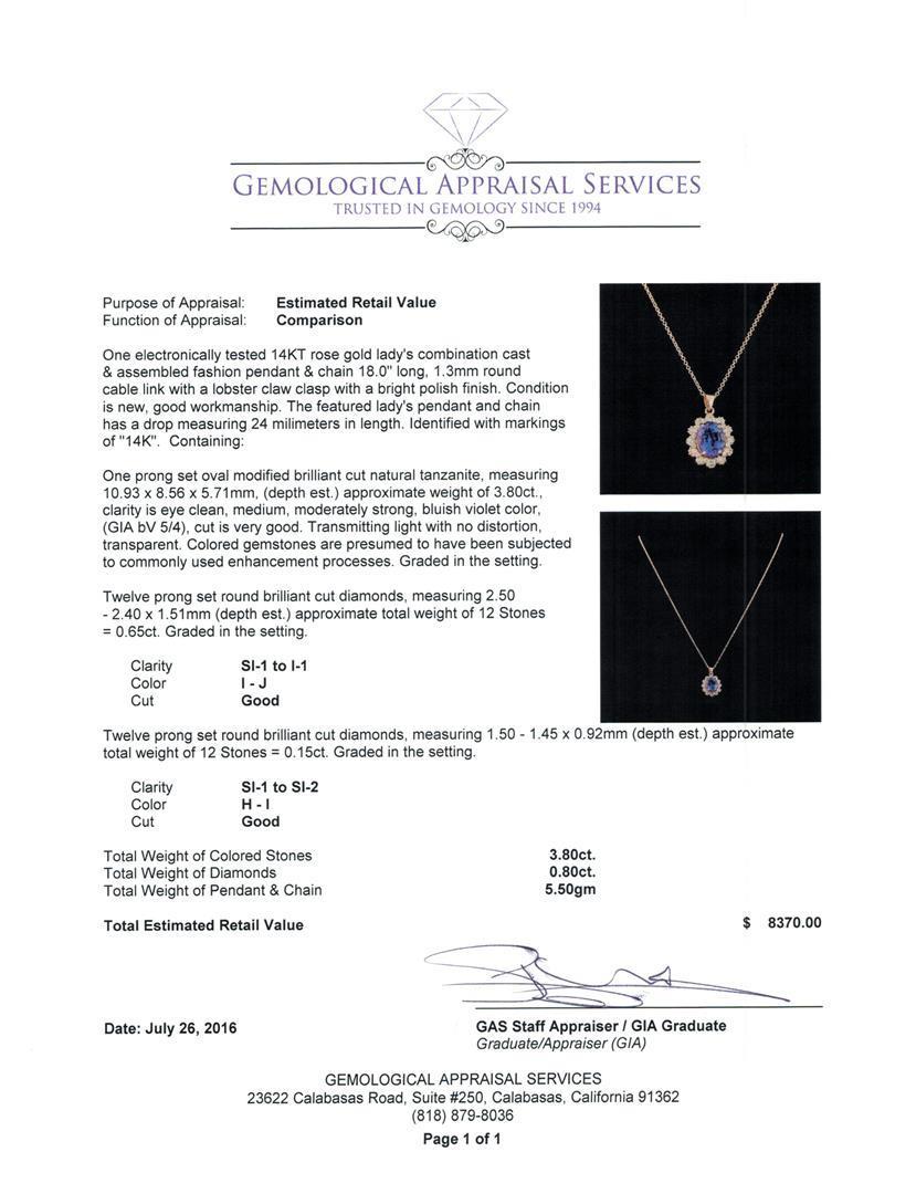 3.80 ctw Tanzanite and Diamond Pendant With Chain - 14KT Rose Gold