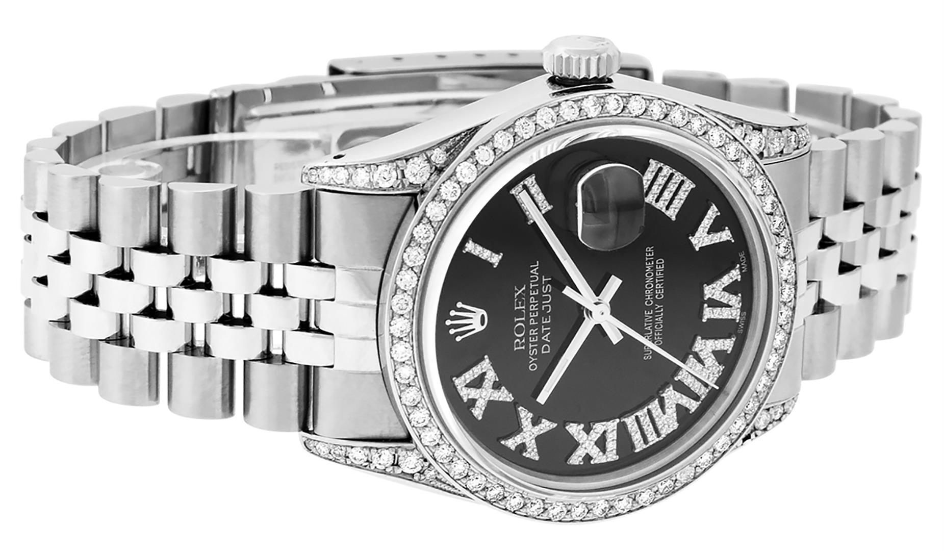 Rolex Mens Stainless Steel Black Roman Diamond Datejust Wristwatch 36MM