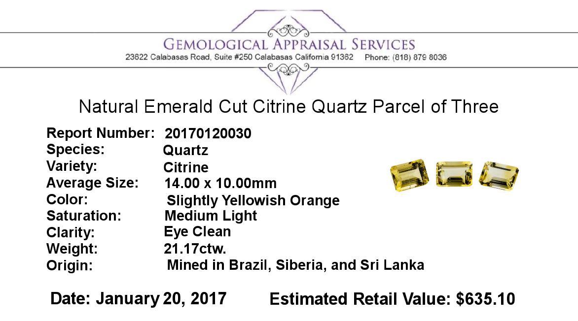 21.17 ctw.Natural Emerald Cut Citrine Quartz Parcel of Three