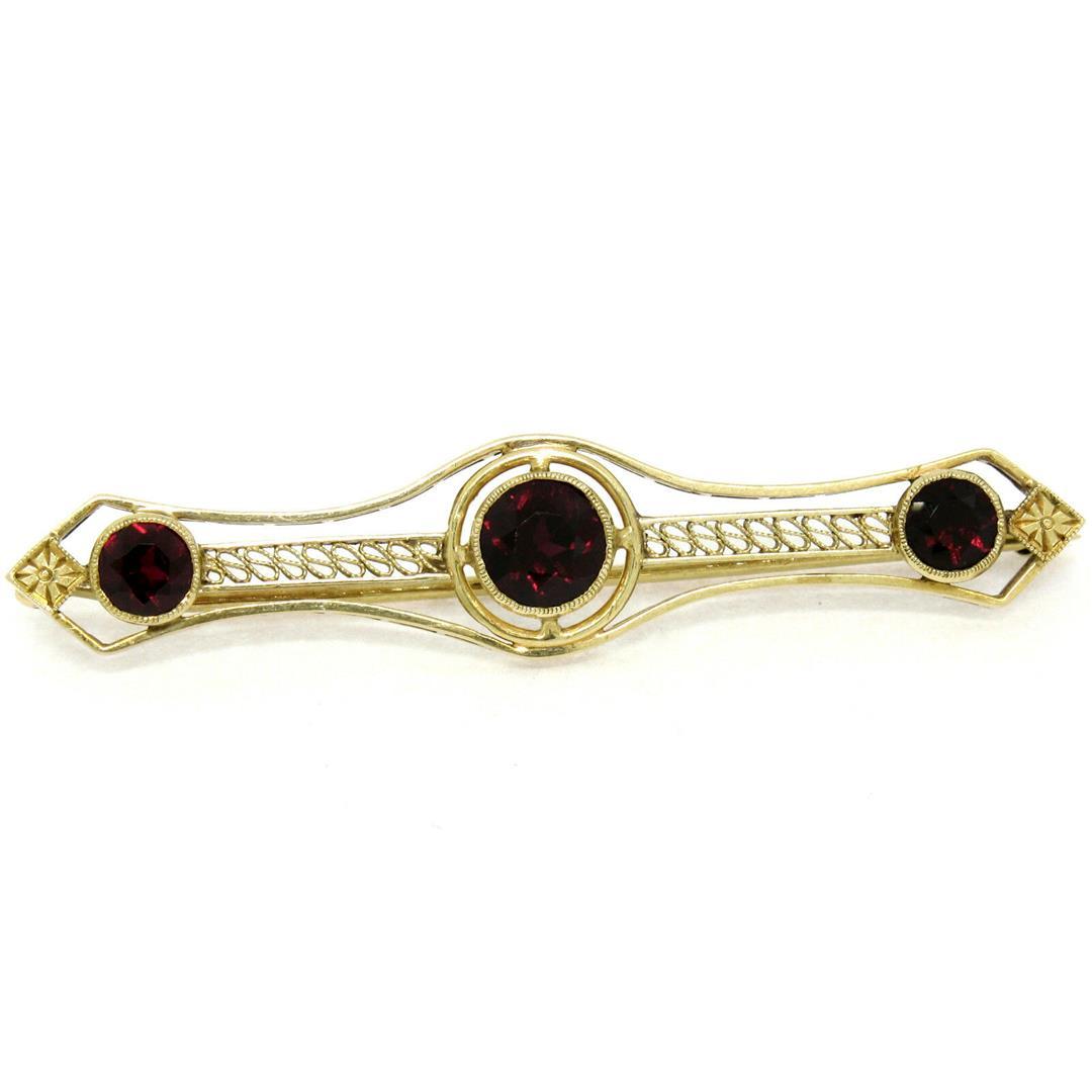 Antique Art Nouveau 14k Yellow Gold 2.20 ctw Old Round Garnet Filigree Bar Pin B