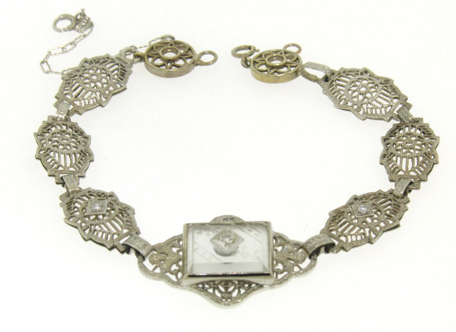 Antique Art Deco 14kt White Gold Camphor Glass and Damond Bracelet