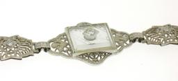 Antique Art Deco 14kt White Gold Camphor Glass and Damond Bracelet