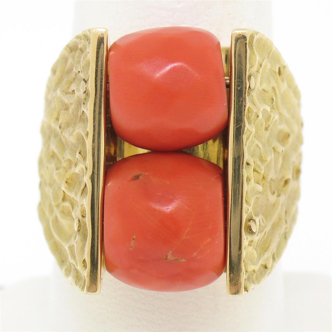 18k Yellow Gold Spinning Faceted Coral Bead Textured Matte VERY HEAVY 40.1g Ring