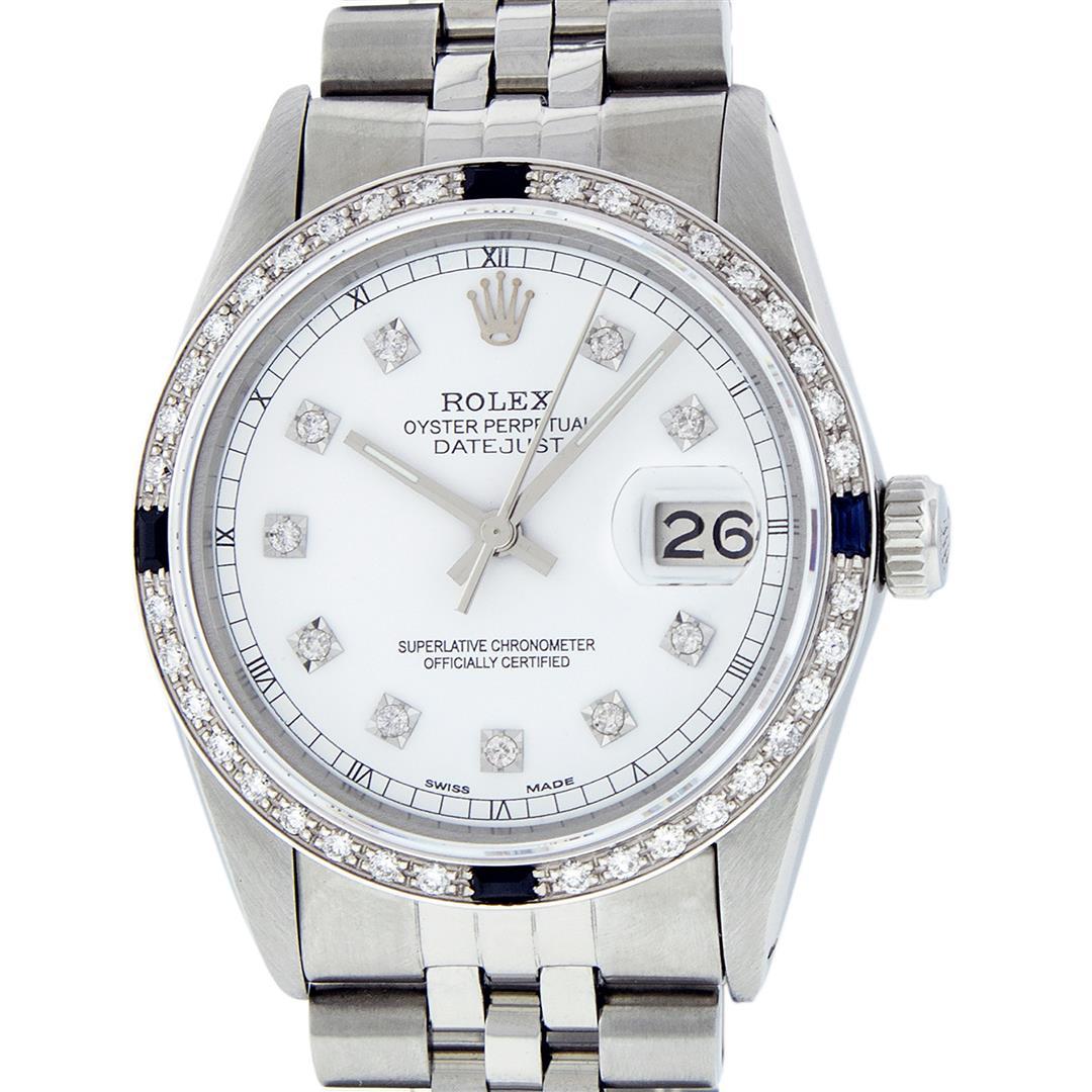 Rolex Mens Stainless Steel White Diamond & Sapphire 36MM Datejust Wristwatch