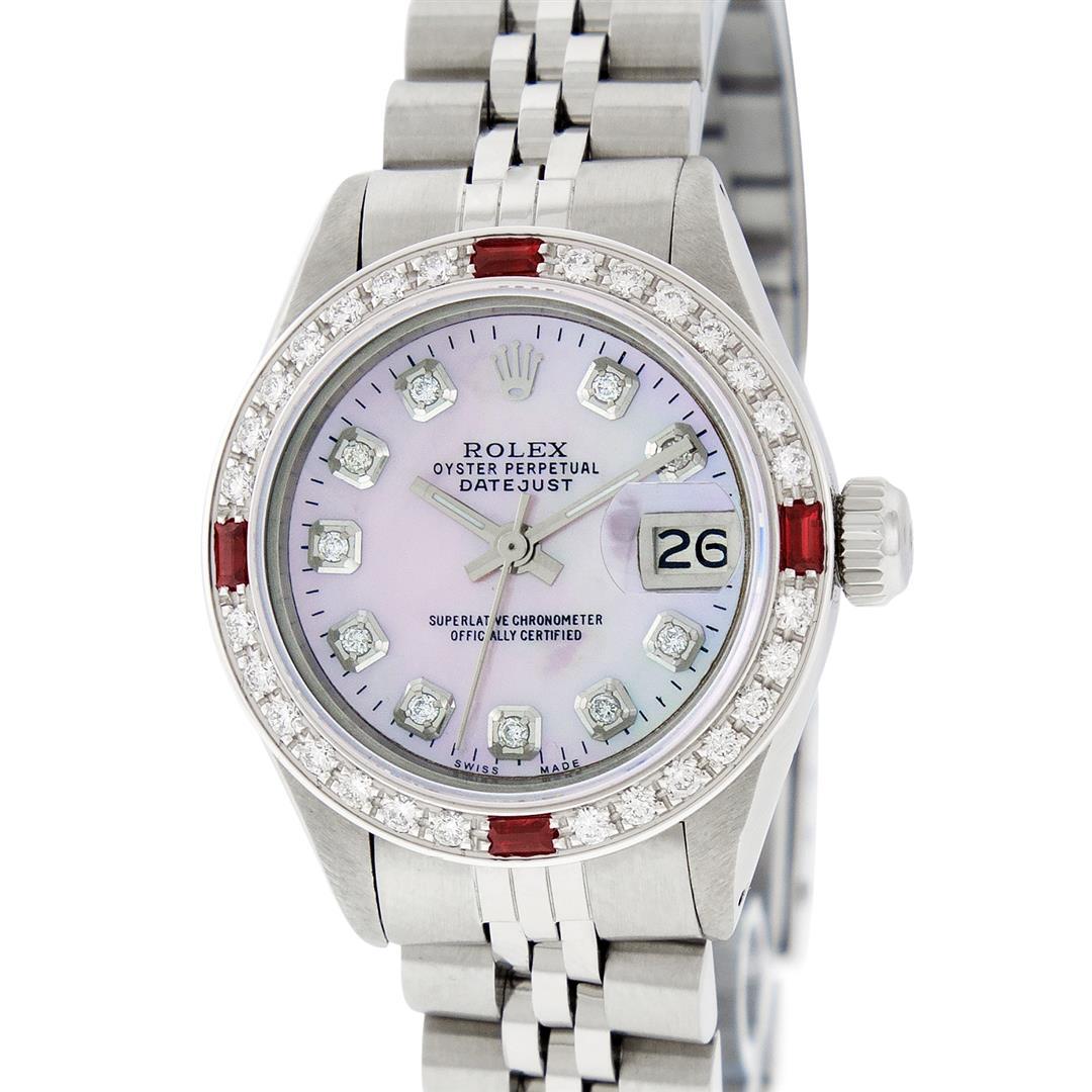 Rolex Ladies Stainless Steel Pink MOP Diamond & Ruby Oyster Perpetual Datejust W