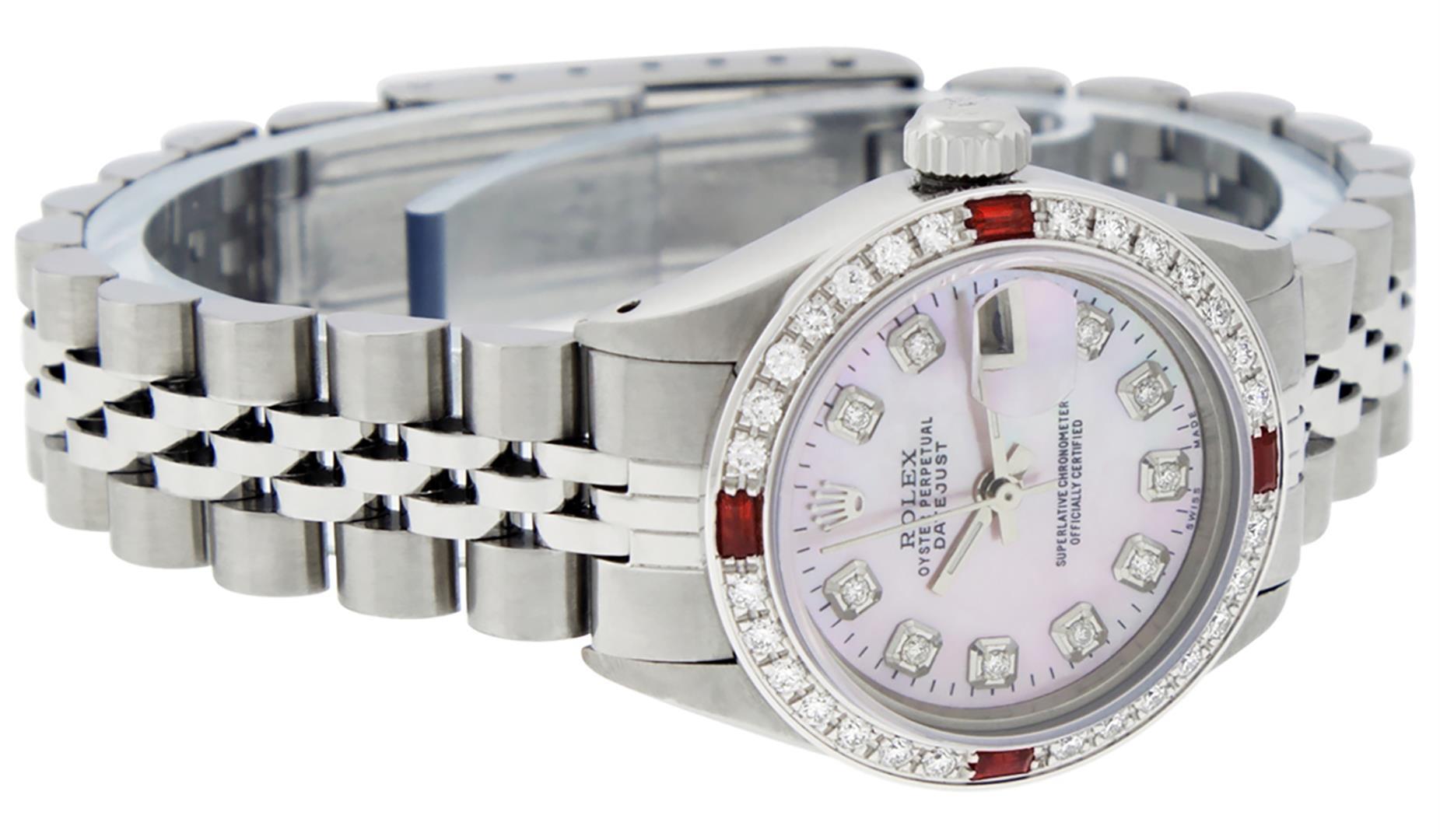 Rolex Ladies Stainless Steel Pink MOP Diamond & Ruby Oyster Perpetual Datejust W