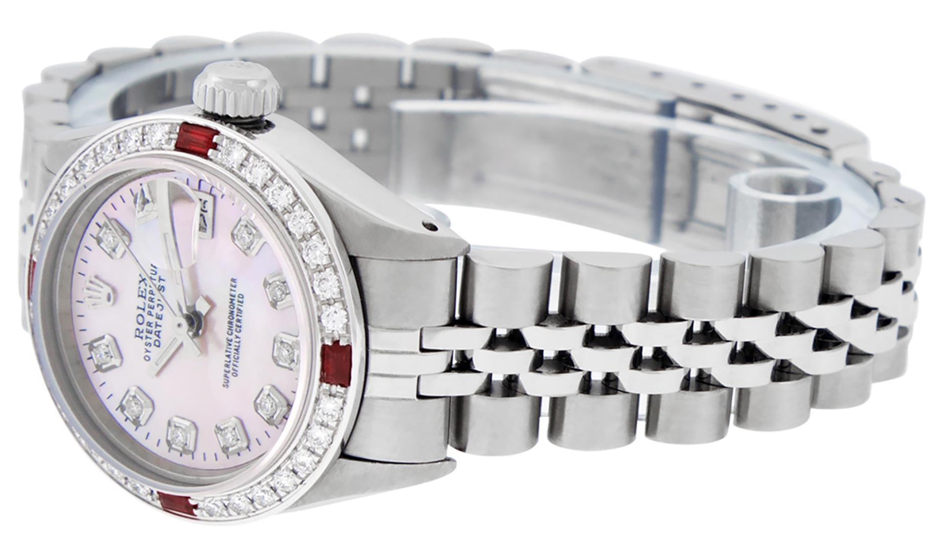 Rolex Ladies Stainless Steel Pink MOP Diamond & Ruby Oyster Perpetual Datejust W