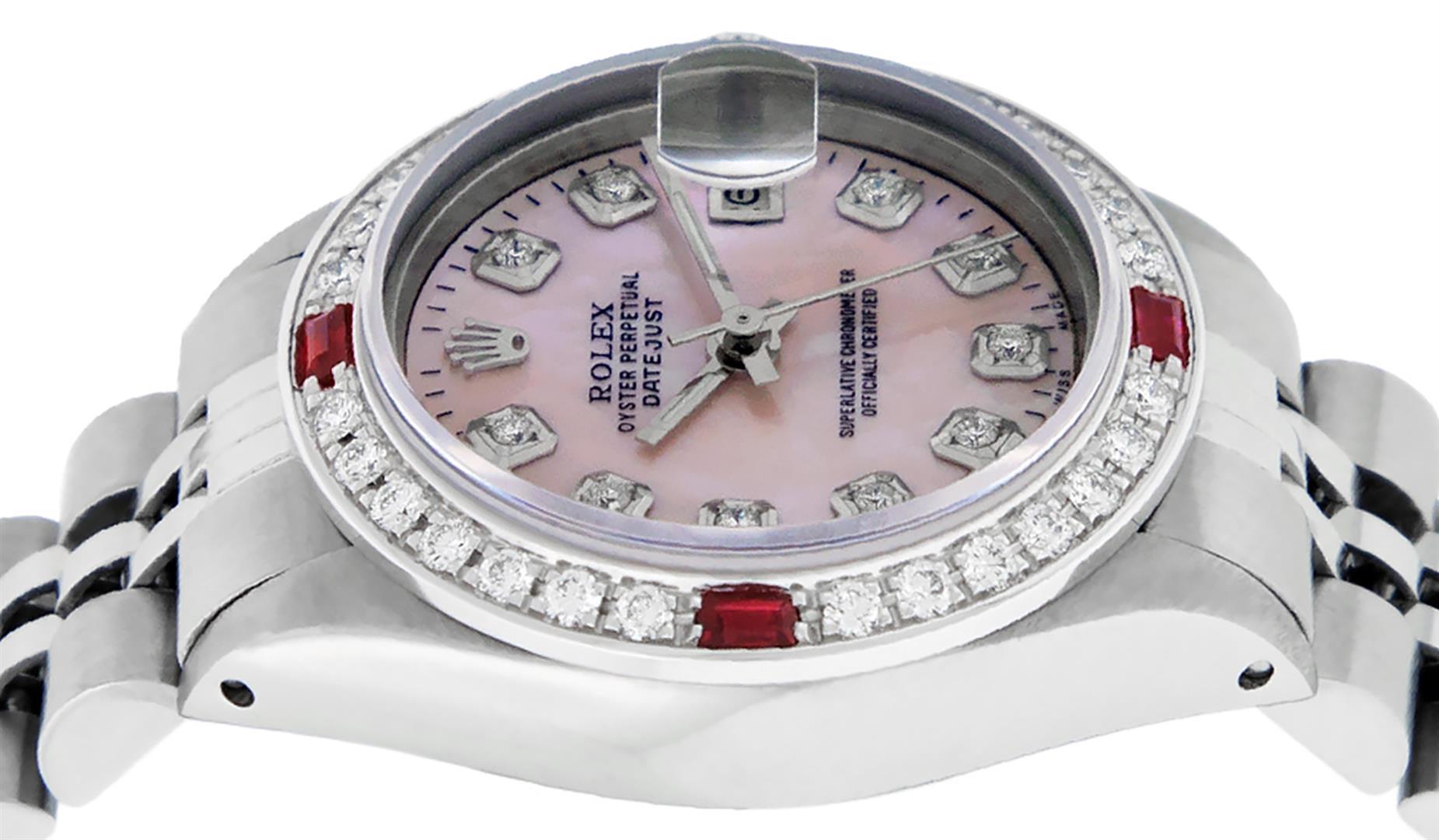 Rolex Ladies Stainless Steel Pink MOP Diamond & Ruby Oyster Perpetual Datejust W