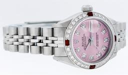 Rolex Ladies Stainless Steel Pink Diamond & Ruby 26MM Datejust Wristwatch