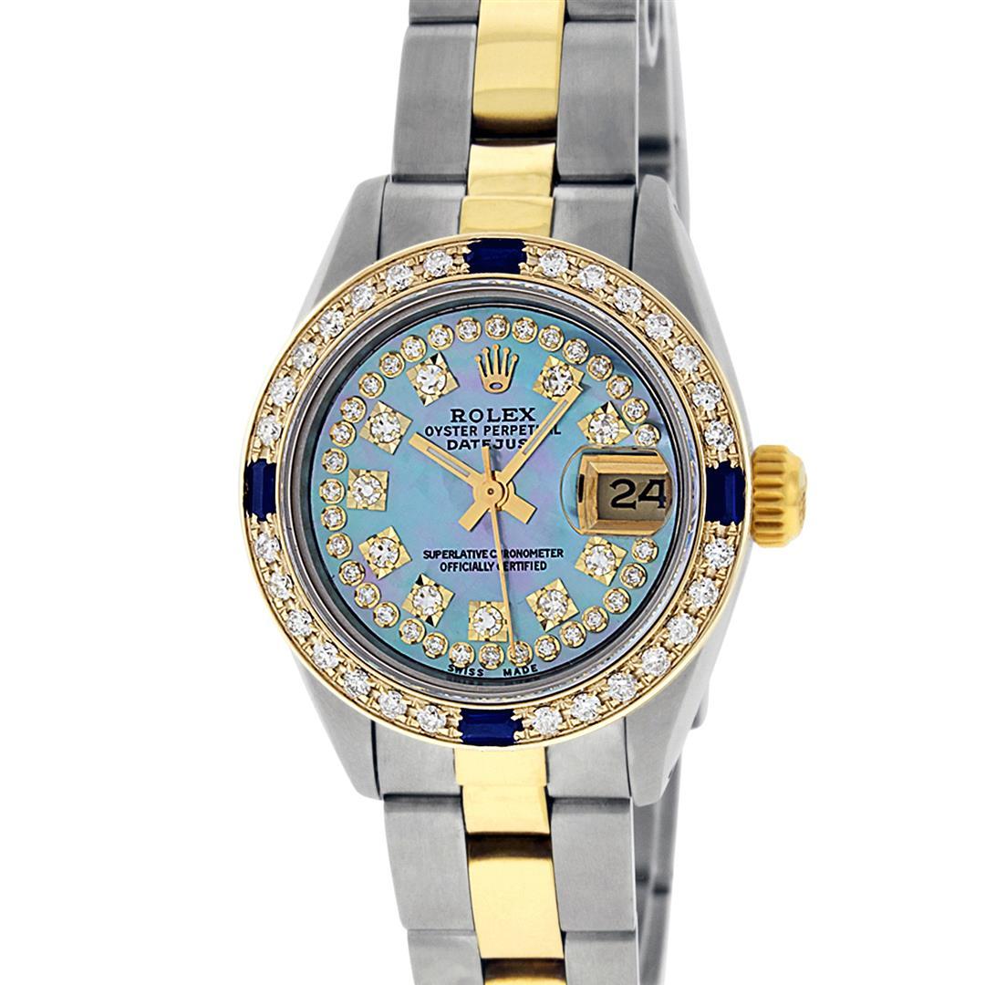 Rolex Ladies 2 Tone 18K Gold Bezel Blue String Diamond & Sapphire Datejust Wrisw