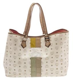 MCM White Visetos Coated Canvas Lion Shopper Tote