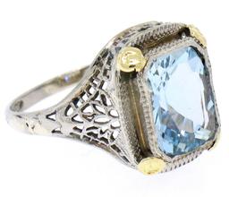 Art Deco 14k Two Tone Gold 2.50 ctw Cushion Blue Aquamarine Filigree Ring