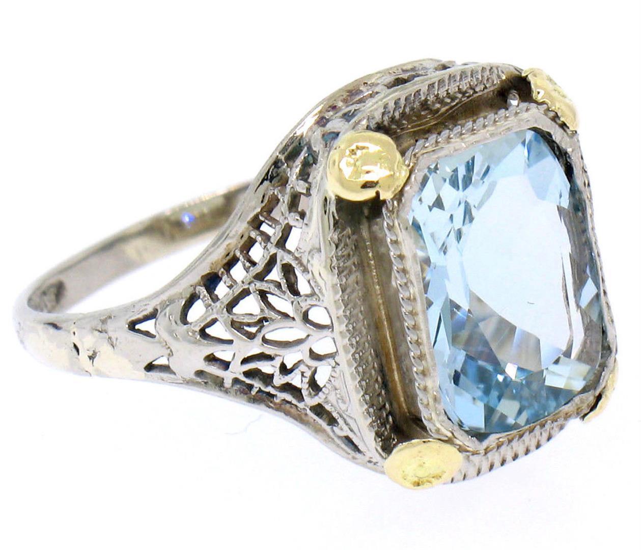 Art Deco 14k Two Tone Gold 2.50 ctw Cushion Blue Aquamarine Filigree Ring