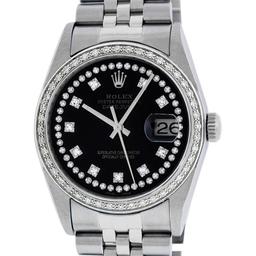 Rolex Mens Stainless Steel Black String Diamond 36MM Oyster Perpetual Datejust