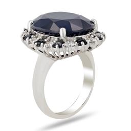 18.60 ctw Dark Blue Sapphire and 0.83 ctw Diamond 14K White Gold Ring