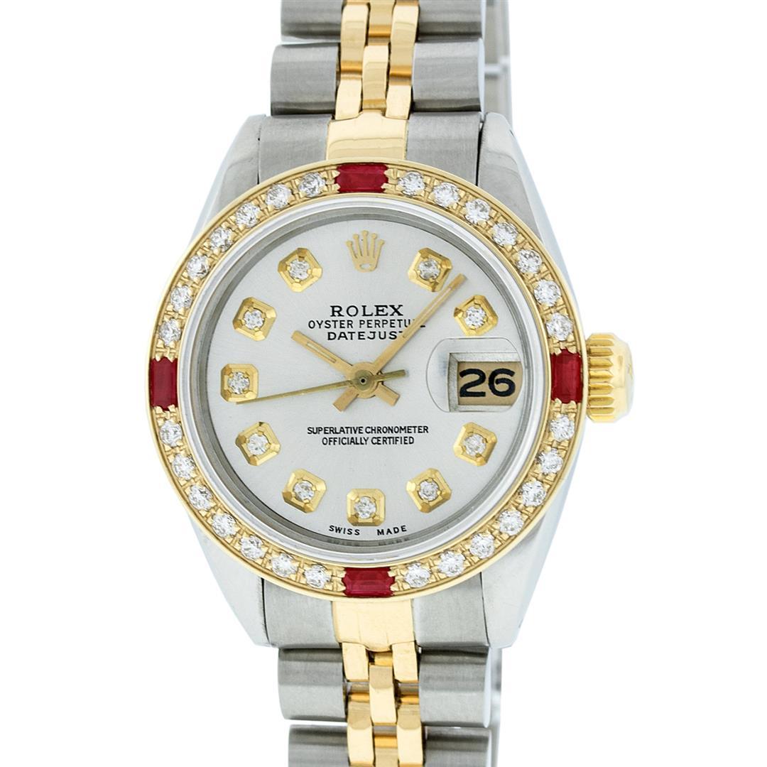 Rolex Ladies 2 Tone Silver Diamond & Ruby Datejust Wristwatch