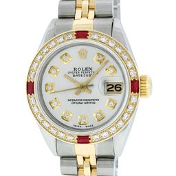 Rolex Ladies 2 Tone Silver Diamond & Ruby Datejust Wristwatch