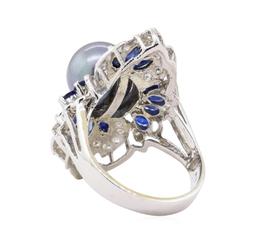 Pearl, Sapphire and Diamond Ring - 14KT White Gold