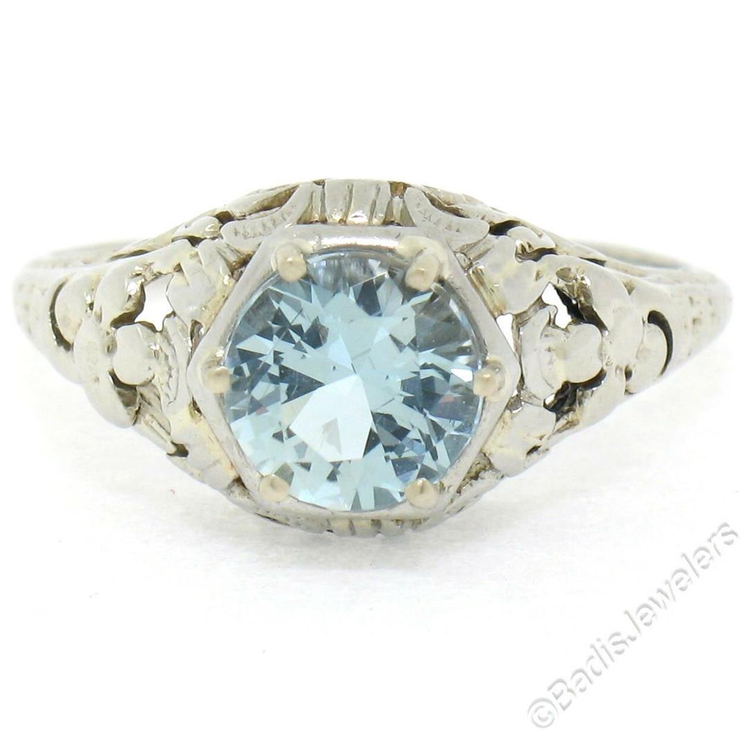 Antique Art Deco 18kt White Gold Round Aquamarine Solitaire Floral Filigree Ring