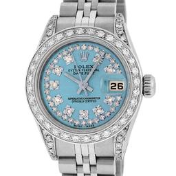Rolex Ladies Stainless Steel 26MM Blue String Diamond Lugs Datejust Wristwatch
