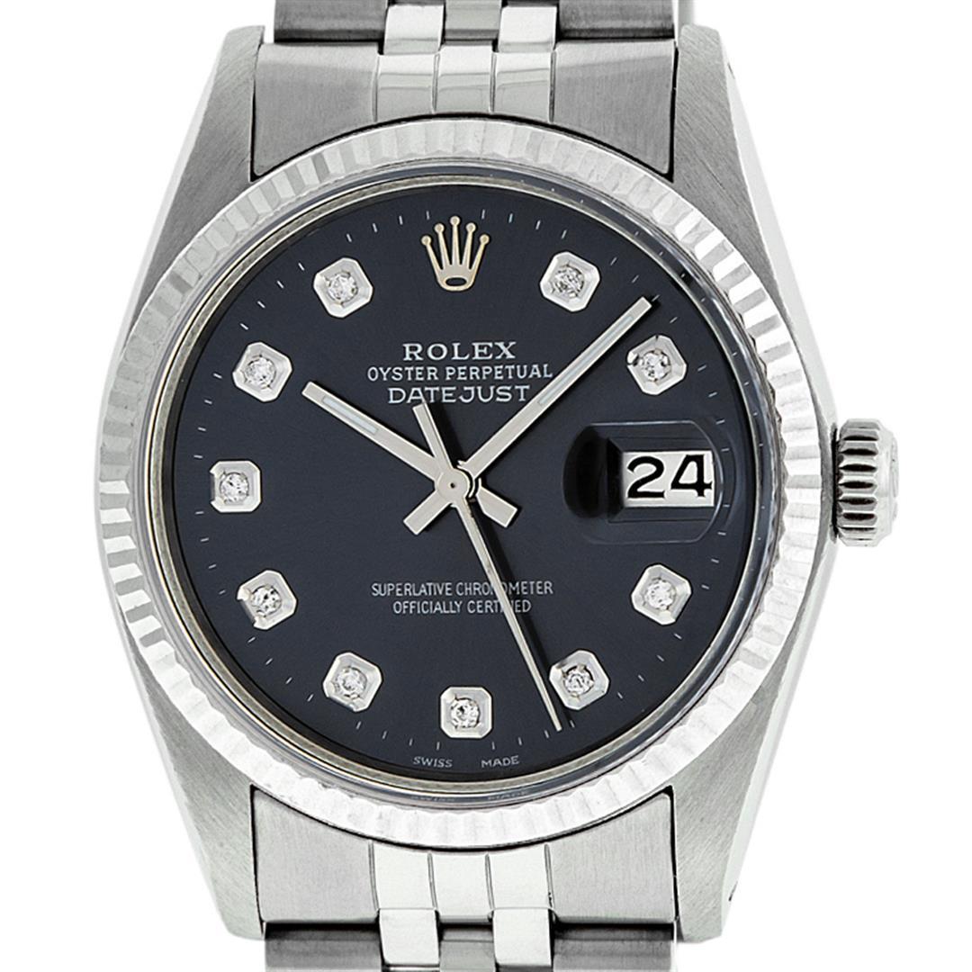 Rolex Mens Stainless Steel Black Diamond 36MM Datejust Wristwatch