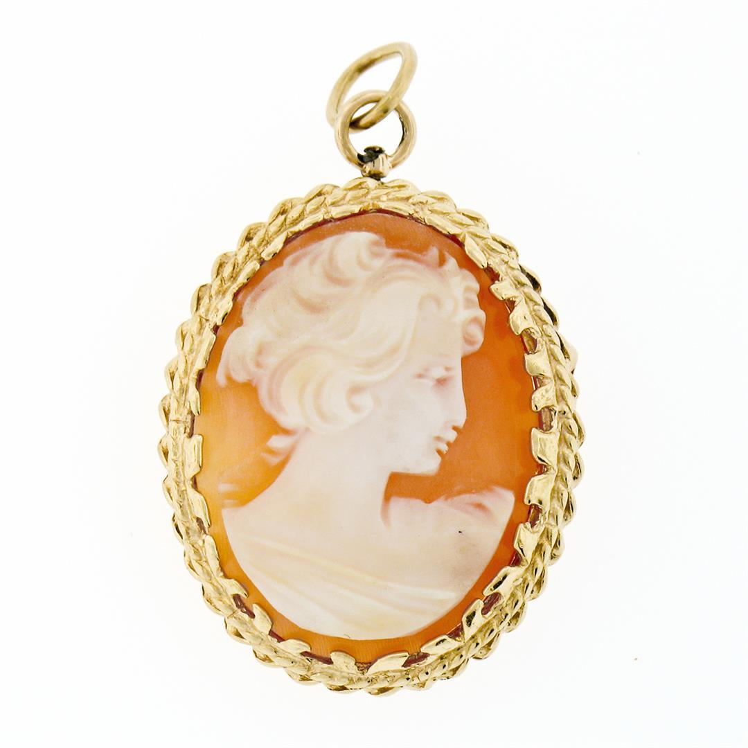 Vintage 14k Yellow Gold Carved Shell Cameo Dual Twisted Wire Brooch Pin Pendant