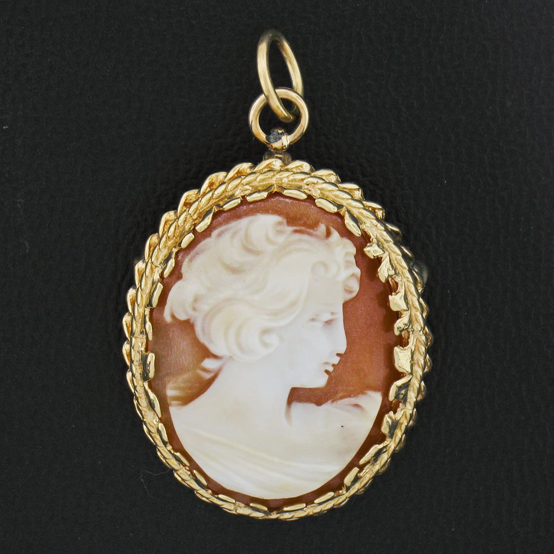 Vintage 14k Yellow Gold Carved Shell Cameo Dual Twisted Wire Brooch Pin Pendant