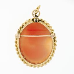 Vintage 14k Yellow Gold Carved Shell Cameo Dual Twisted Wire Brooch Pin Pendant