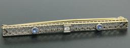 Antique Two Tone 14kt Gold Diamond & Synthetic Sapphire Open Filigree Bar Pin