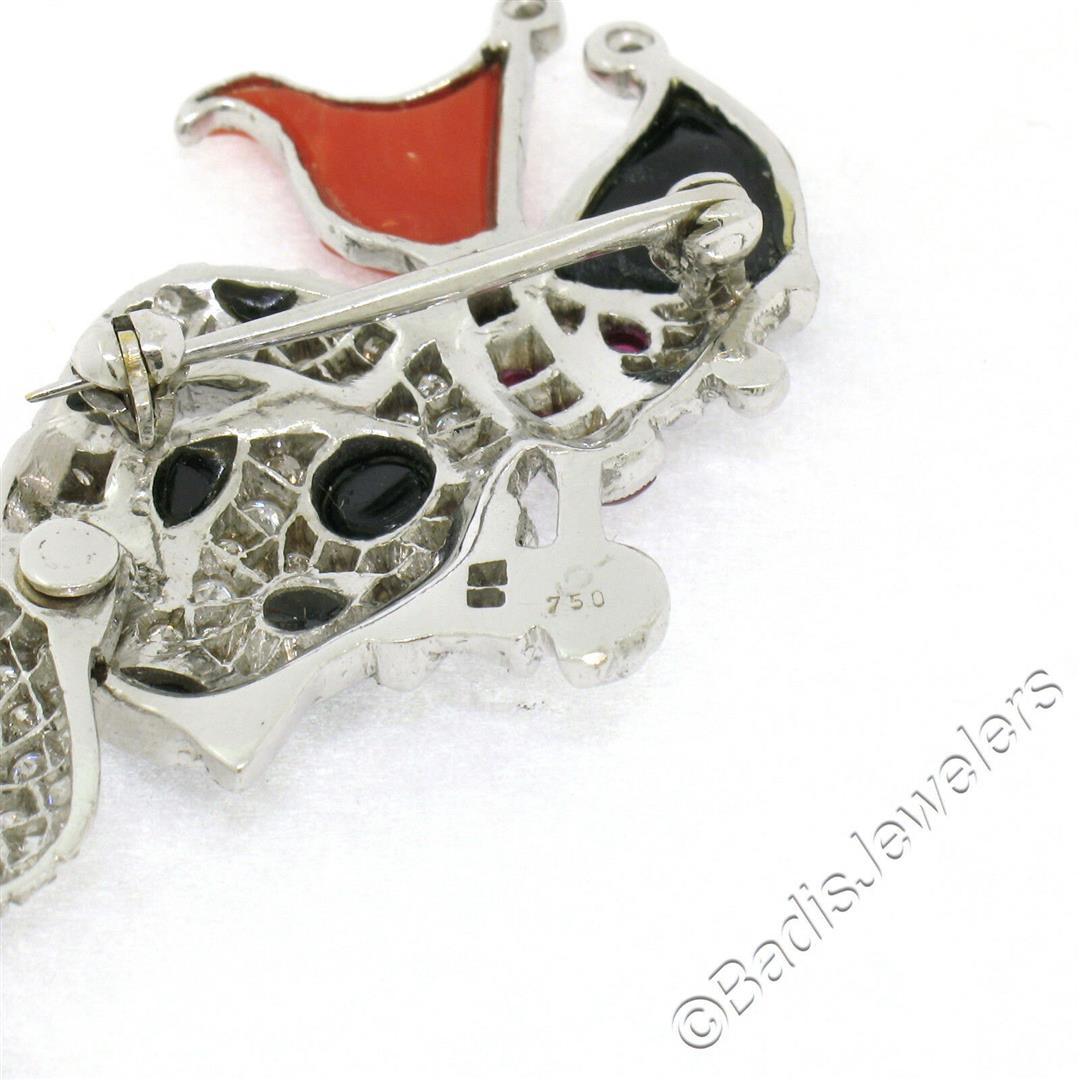 Vintage 18kt White Gold Diamond Black Onyx and Coral Clown Brooch Pin