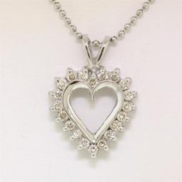 14k White Gold 0.40 ctw Round Brilliant Diamond Open Heart Pendant 16" Bead Chai