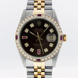 Rolex Mens 2T Brown Diamond & Ruby 36MM Oyster Perpetual Datejust