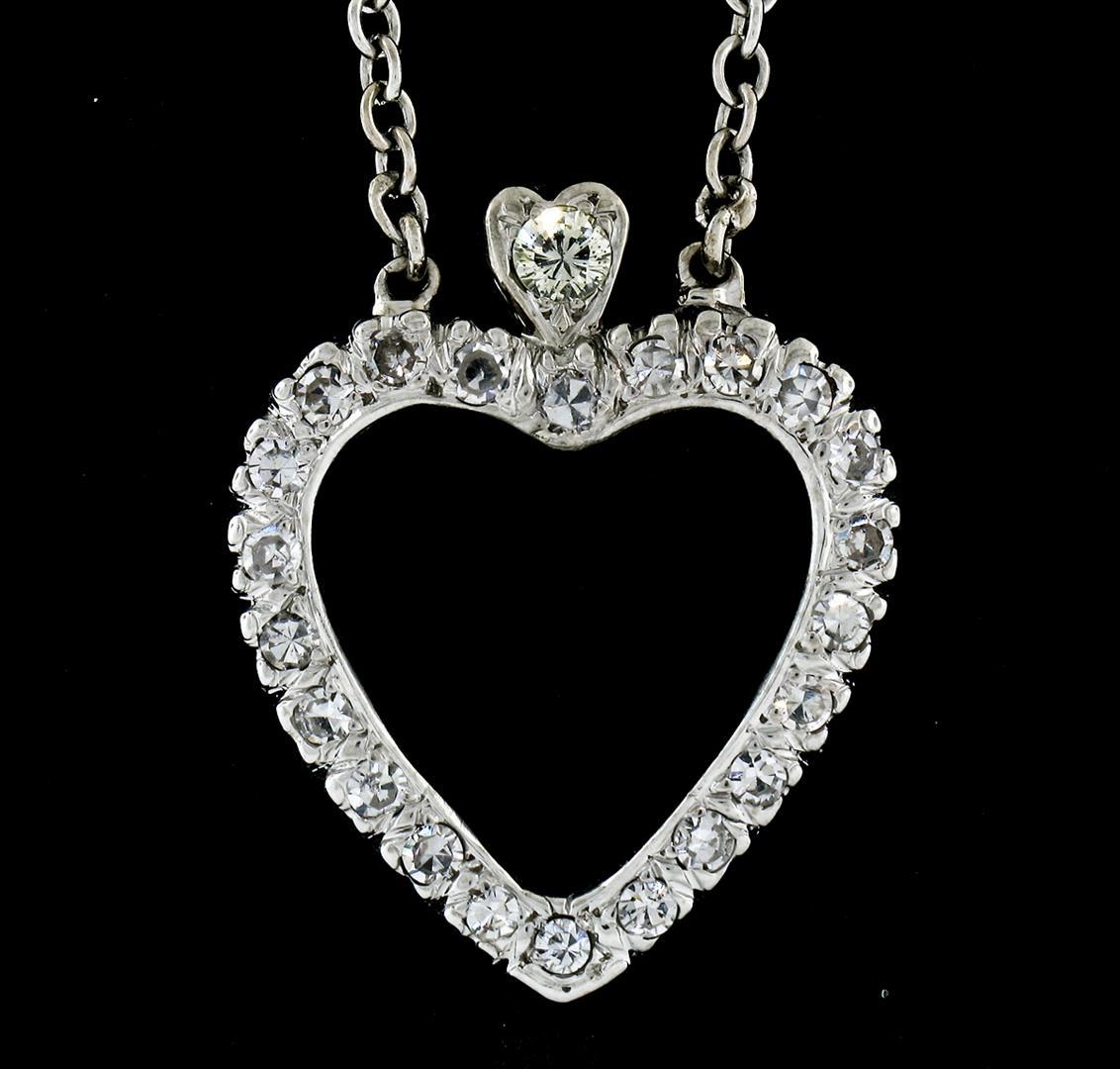 Antique 14k White Gold 1.00 ctw Single Cut Diamond Open Heart Pendant Necklace