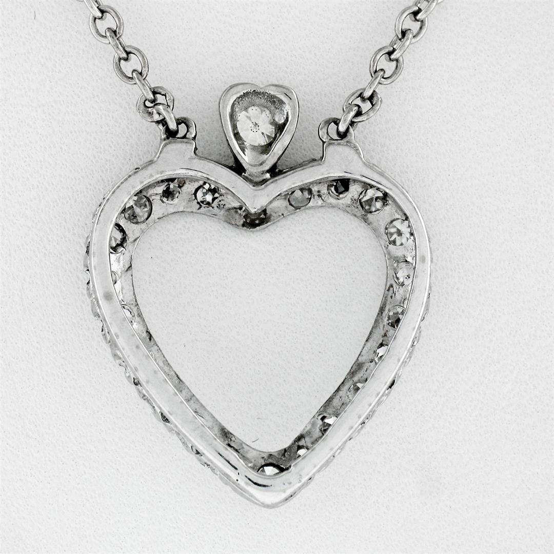 Antique 14k White Gold 1.00 ctw Single Cut Diamond Open Heart Pendant Necklace