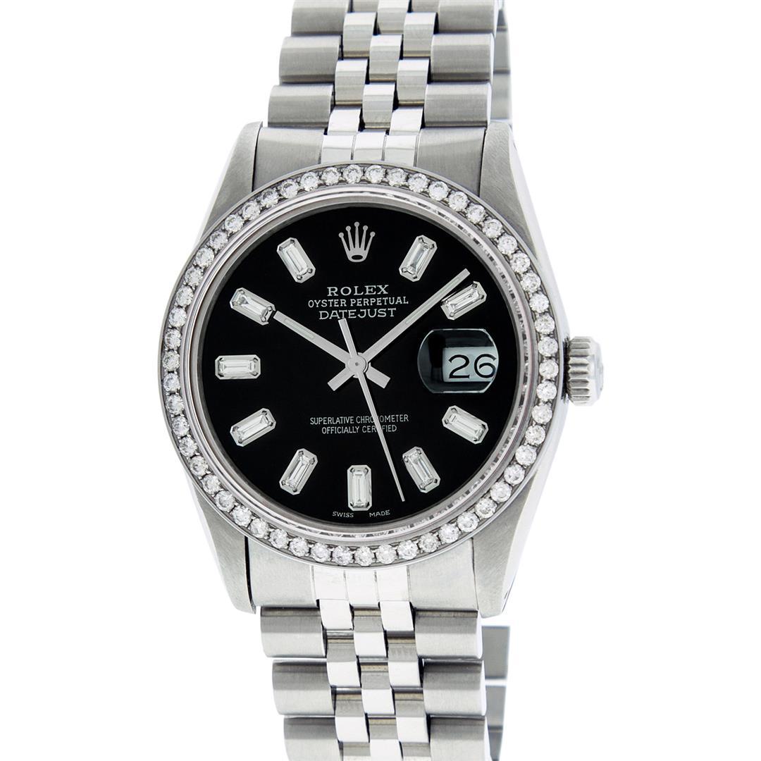 Rolex Mens Stainless Steel Black Baguette Diamond 36MM Datejust Wristwatch