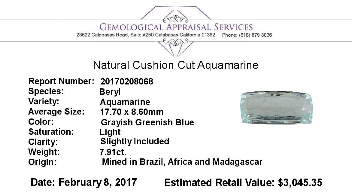7.91 ct.Natural Cushion Cut Aquamarine