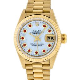 Rolex Ladies 18K Yellow Gold Mother Of Pearl Ruby Datejust President Wristwatch
