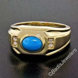 Men's 14kt Yellow Gold Oval Cabochon Turquoise Solitaire and Diamond Ring