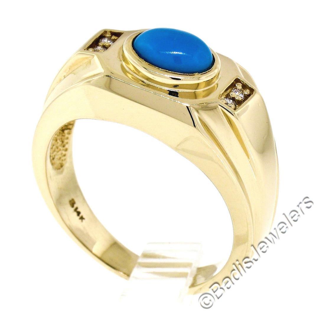 Men's 14kt Yellow Gold Oval Cabochon Turquoise Solitaire and Diamond Ring