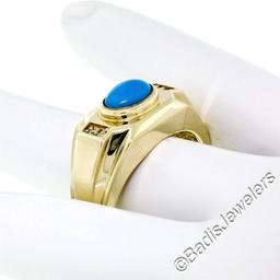 Men's 14kt Yellow Gold Oval Cabochon Turquoise Solitaire and Diamond Ring