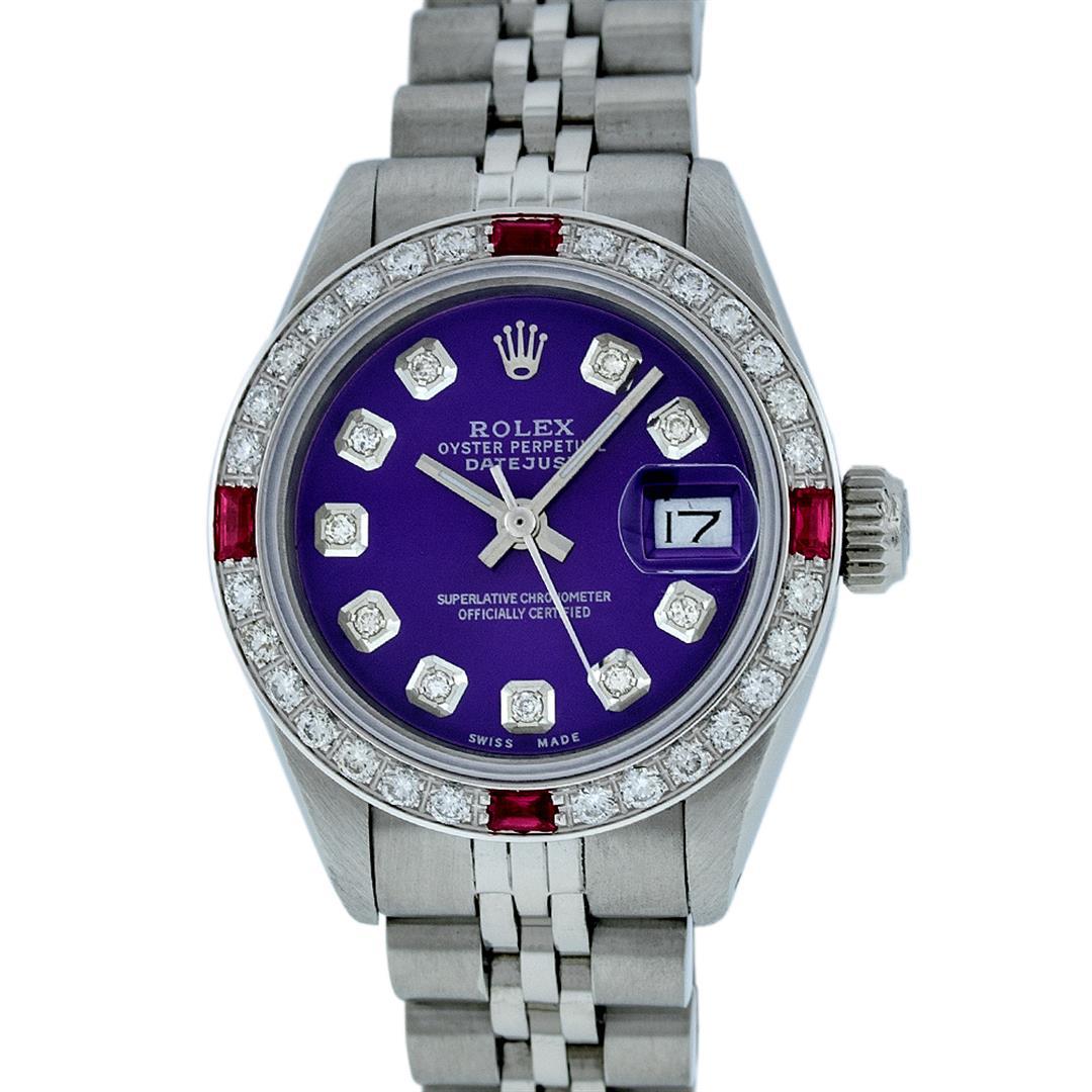 Rolex Ladies Stainless Steel Purple Diamond & Ruby 26MM Datejust Wristwatch