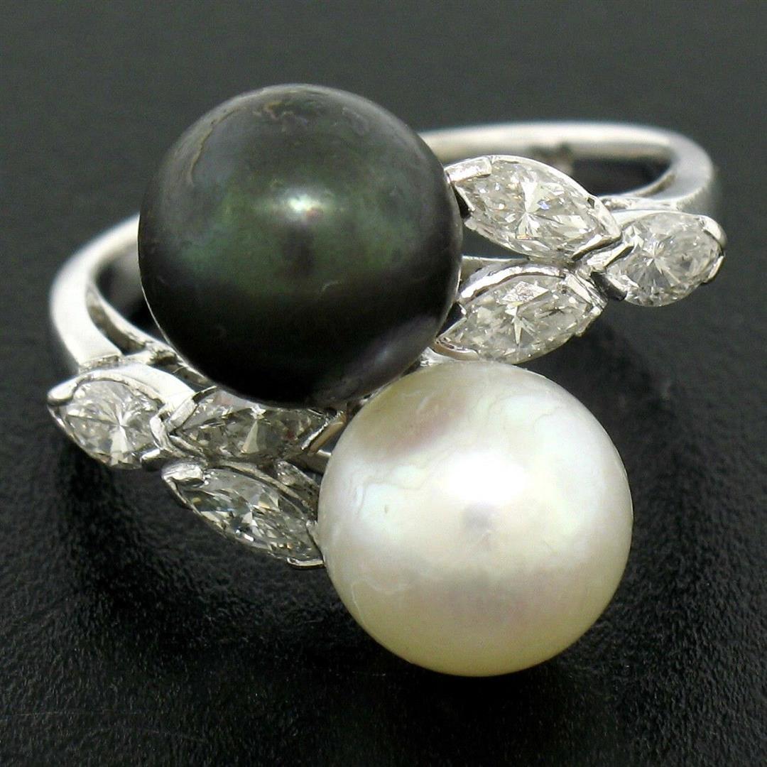 Solid Platinum Tahitian Black White Pearl Marquise Diamond Bypass Cocktail Ring