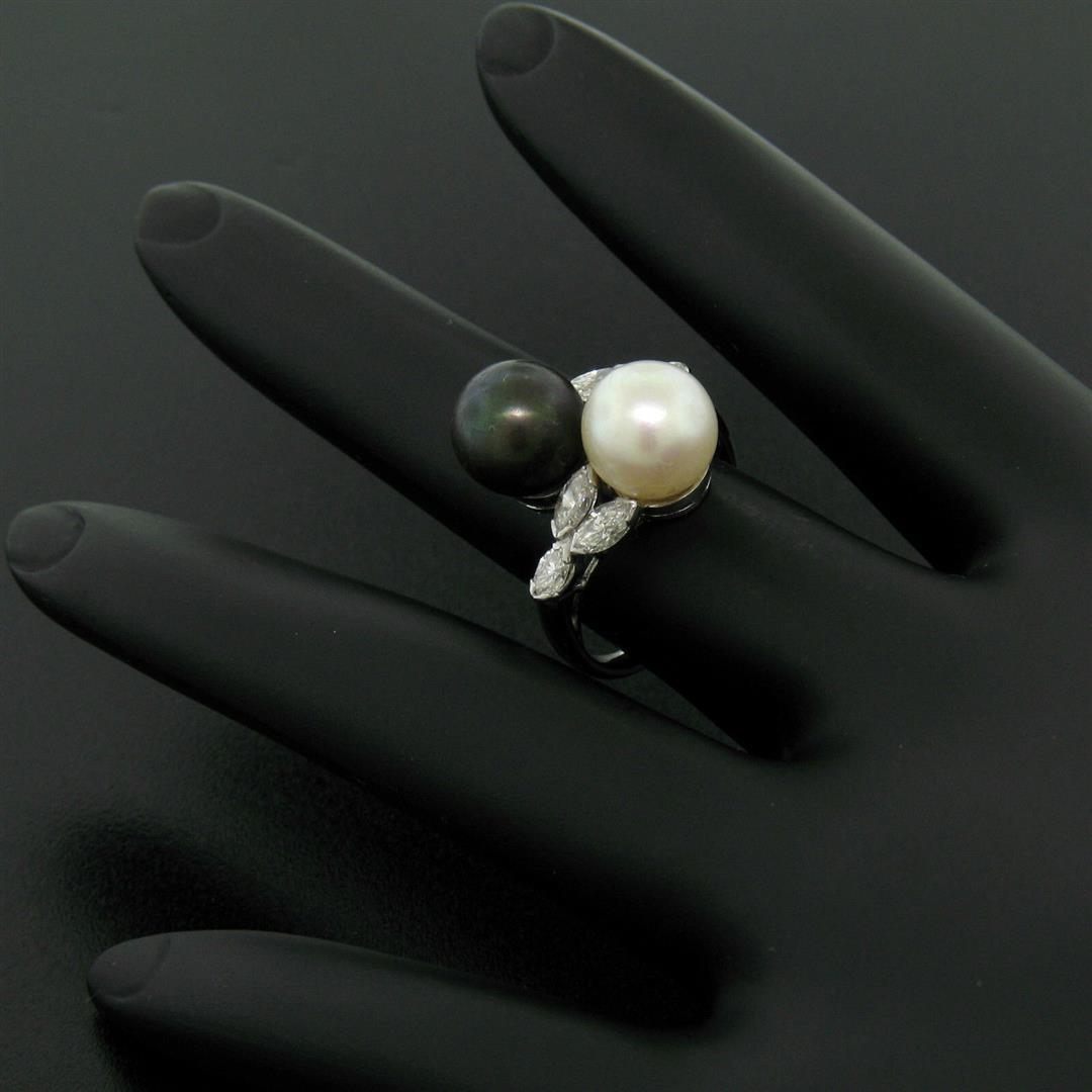 Solid Platinum Tahitian Black White Pearl Marquise Diamond Bypass Cocktail Ring