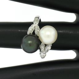 Solid Platinum Tahitian Black White Pearl Marquise Diamond Bypass Cocktail Ring