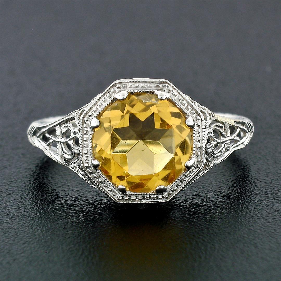 14k White Gold 1.80 ctw Fine Filigree & Milgrain Work Citrine Solitaire Ring