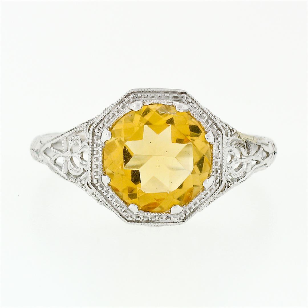 14k White Gold 1.80 ctw Fine Filigree & Milgrain Work Citrine Solitaire Ring