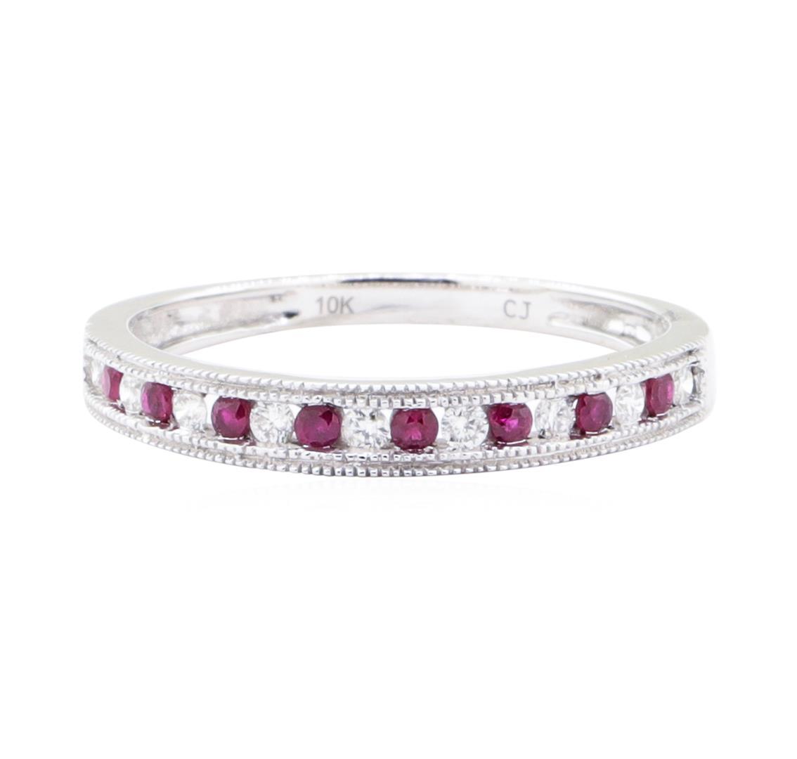 0.20 ctw Ruby and Diamond Straight-Line Double Milgrain Band - 10KT White Gold